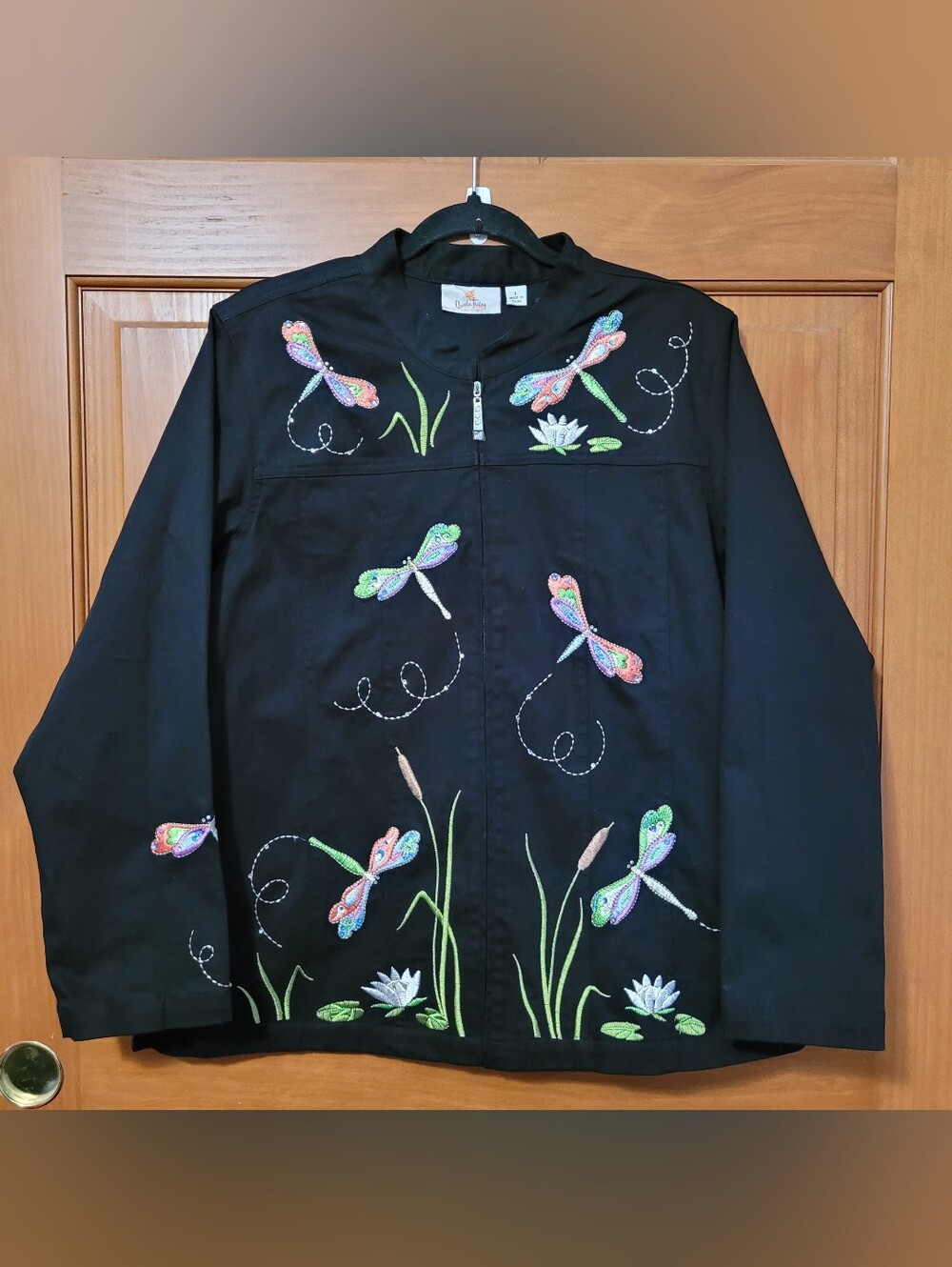 Quacker Factory Dragonfly Embroidered Jacket/Blazer Rhinestones Womens L Black